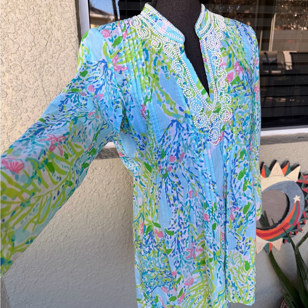 Lilly Pulitzer Beaded Tunic Top Blue Green Print Size - Picture 5 of 9